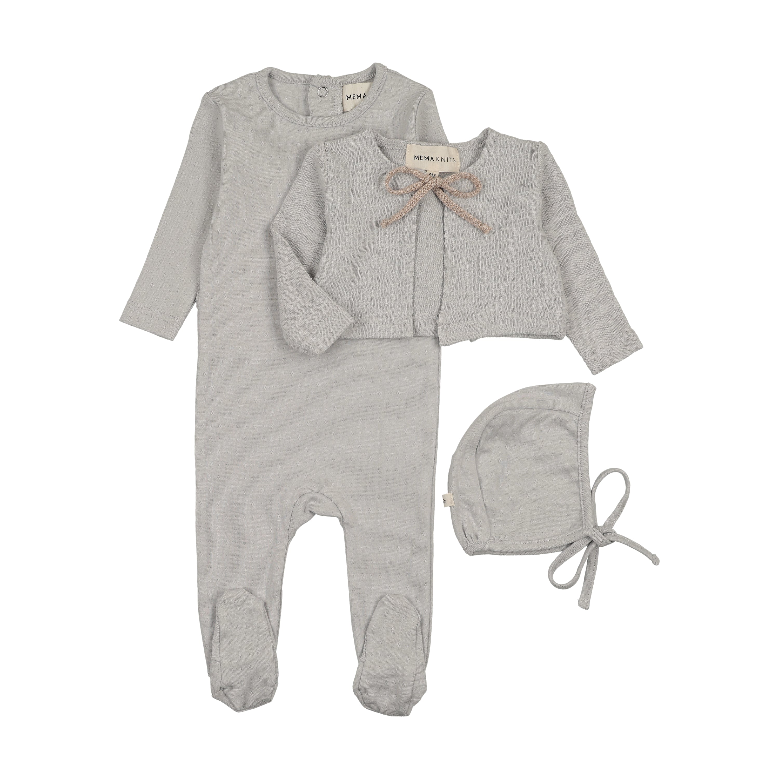 Mema Knits Pointelle Footie, Slub Cardigan & Bonnet - Dove Blue