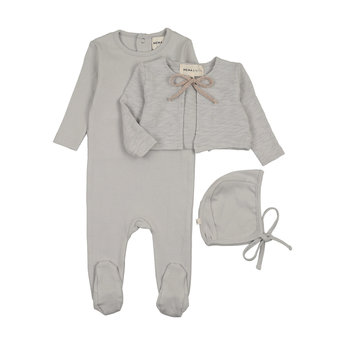 Mema Knits Pointelle Footie, Slub Cardigan & Bonnet - Dove Blue