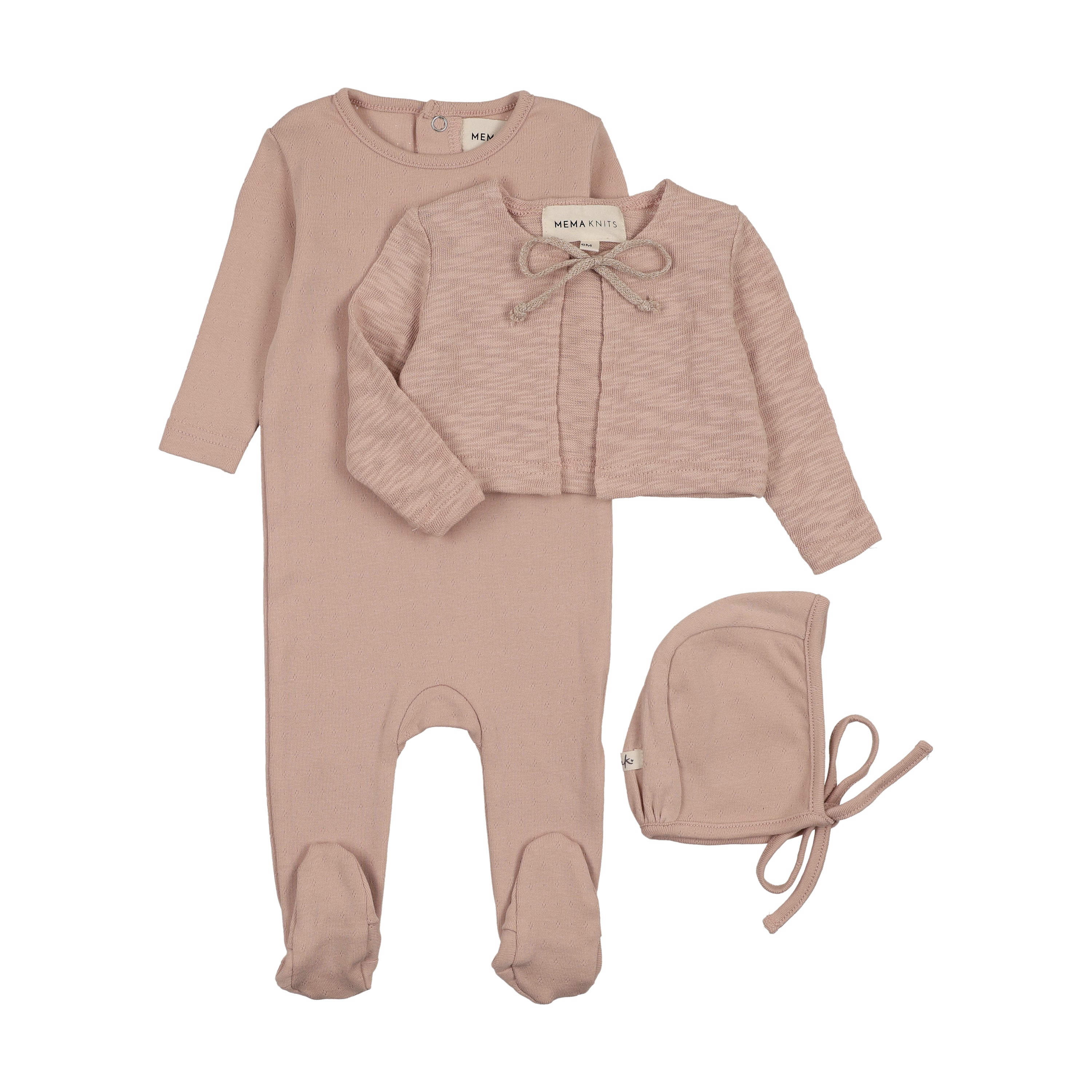 Mema Knits Pointelle Footie, Slub Cardigan & Bonnet - Pale Pink