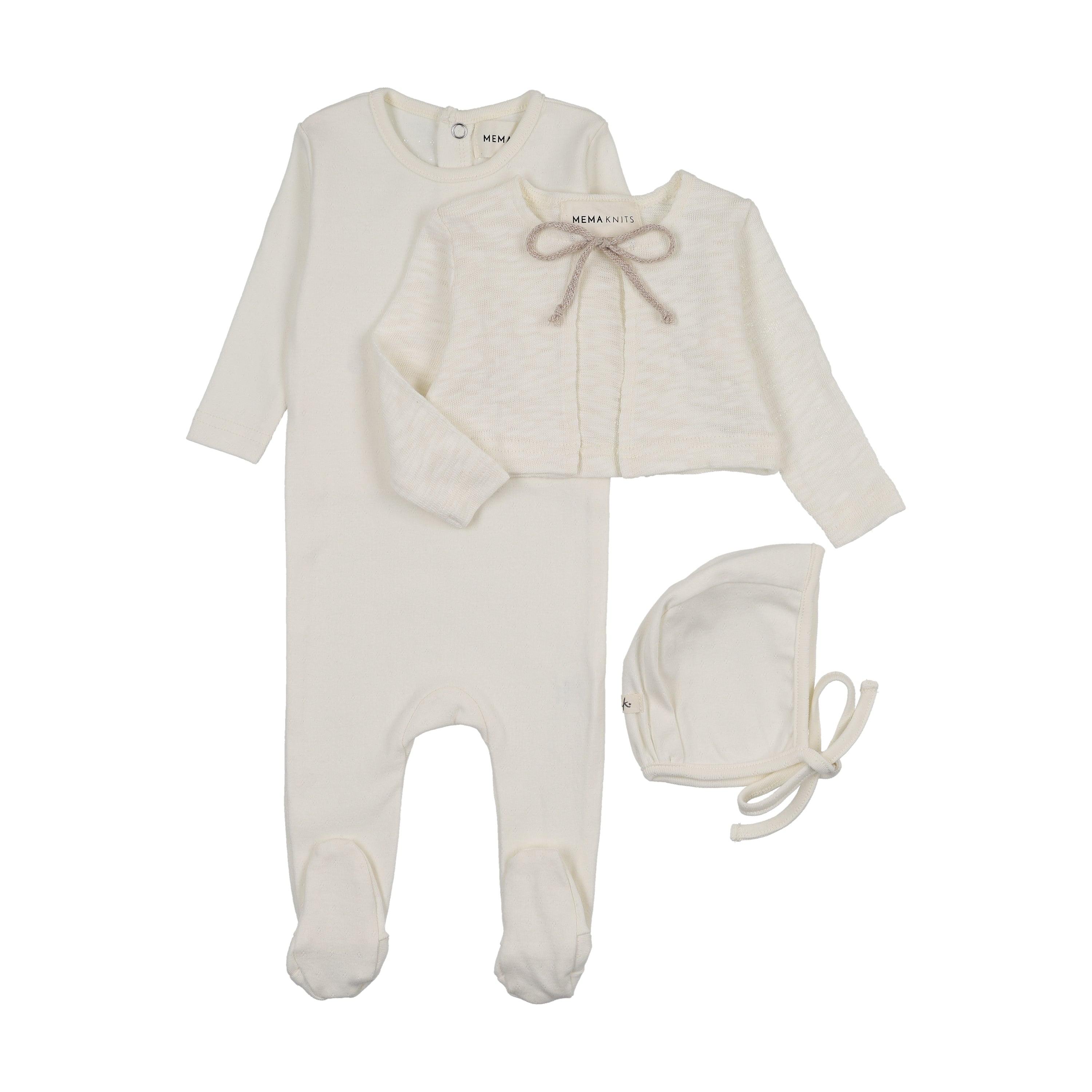 Mema Knits Pointelle Footie, Slub Cardigan & Bonnet - WW