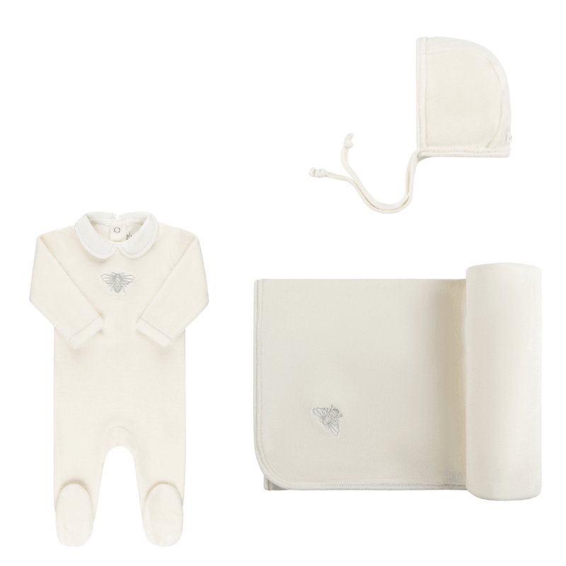 Elys & Co Velour Embroidered Metallic Bee Layette Set