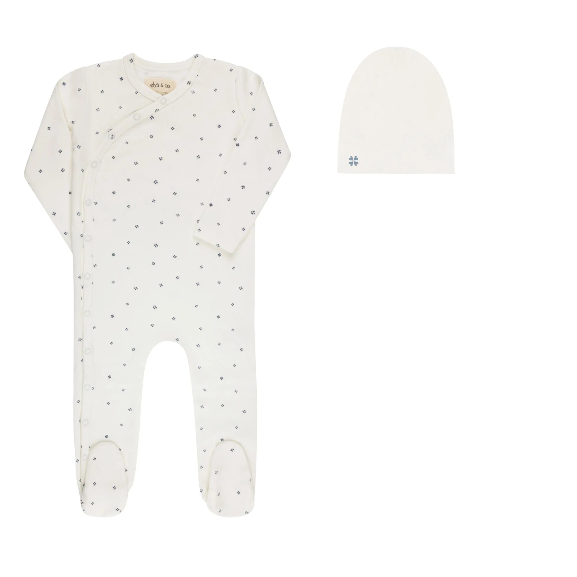 Elys & Co Clover Print Footie & Beanie - Ivory Blue