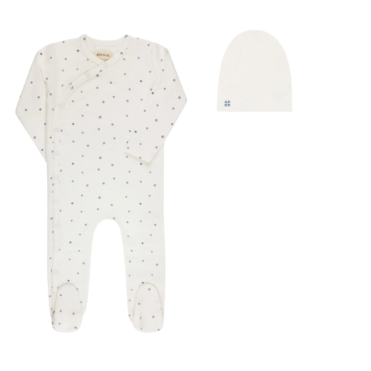 Elys & Co Clover Print Footie & Beanie - Ivory Blue
