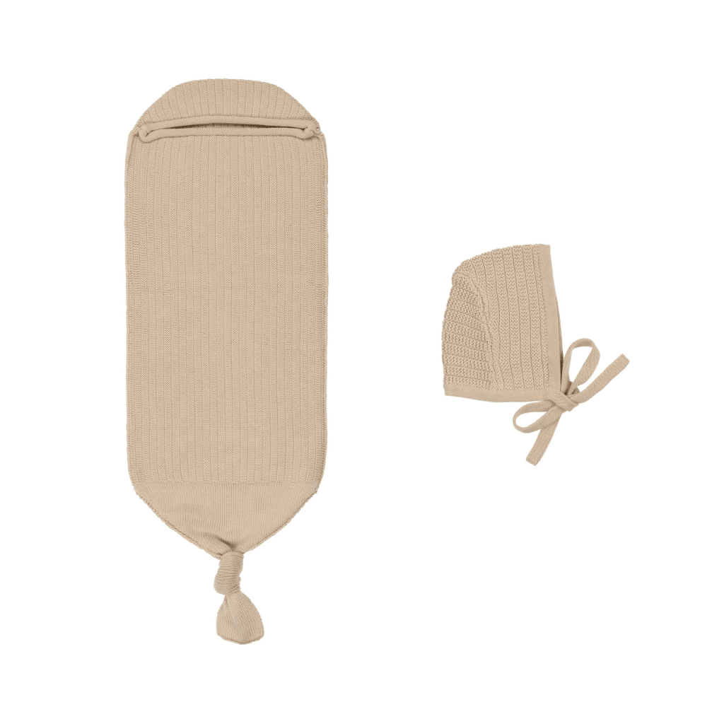 Peluche Ribbed Knit Cocoon & Bonnet - Tan Peluche Ribbed Knit Cocoon & Bonnet - Tan