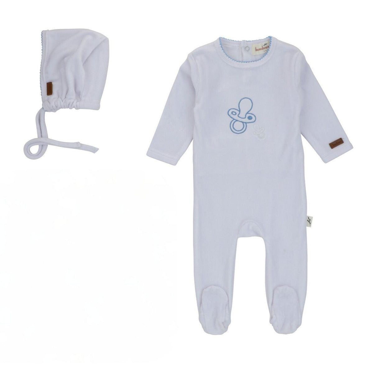 Bondoux Paci Embroidered White Velour Footie & Bonnet