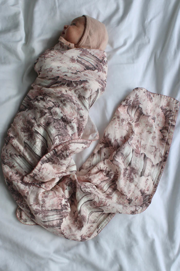 Little Threads Vintage Pink Floral Pillars Muslin Blanket