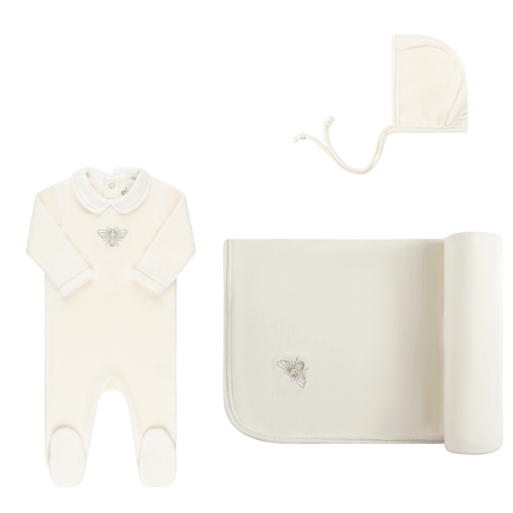 Elys & Co Velour Embroidered Metallic Bee Layette Set