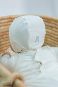 Bebe Bella Modal Bear Embroidery Footie & Bonnet - White Blue