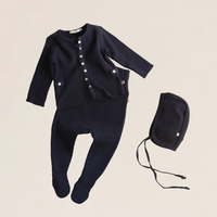 Ferne Waffle Hadagi Footed Cardi Set & Bonnet - Marine