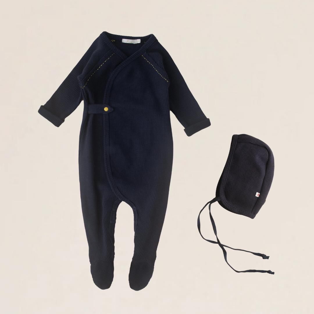 Ferne Waffle Hadagi Footie & Bonnet - Marine/Mustard