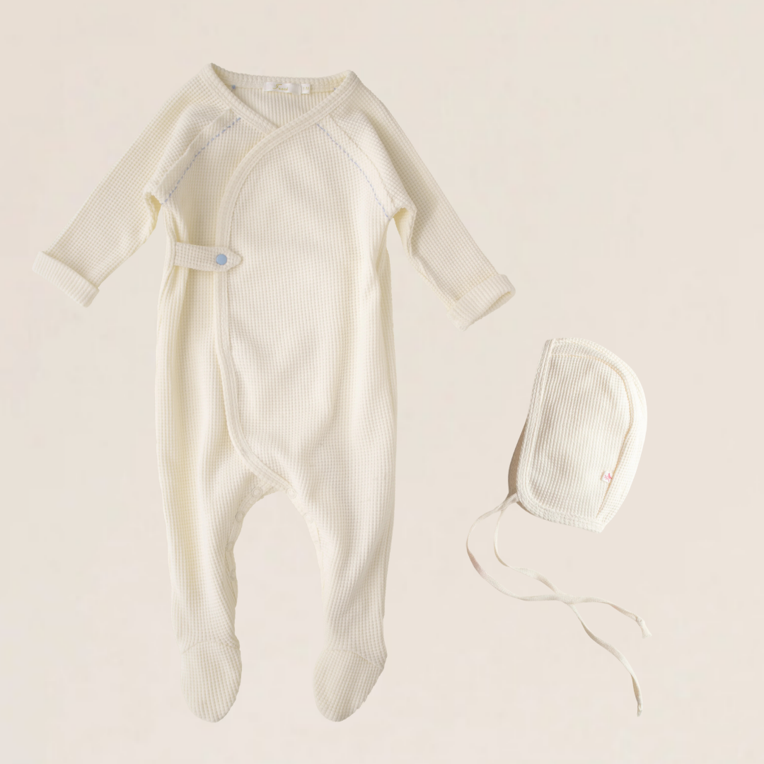 Ferne Waffle Hadagi Footie & Bonnet - Ecru/Ice
