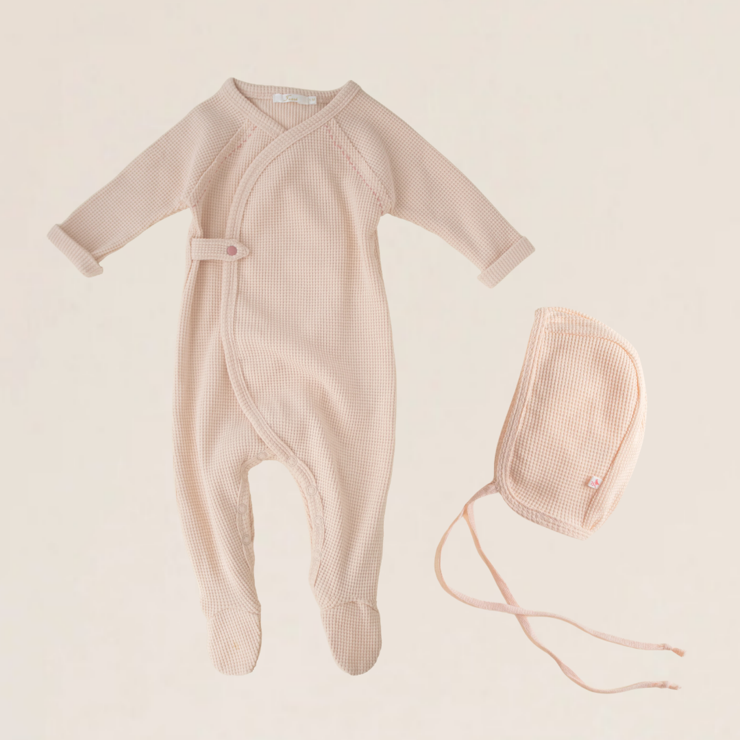 Ferne Waffle Hadagi Footie & Bonnet - Ballet/ecru