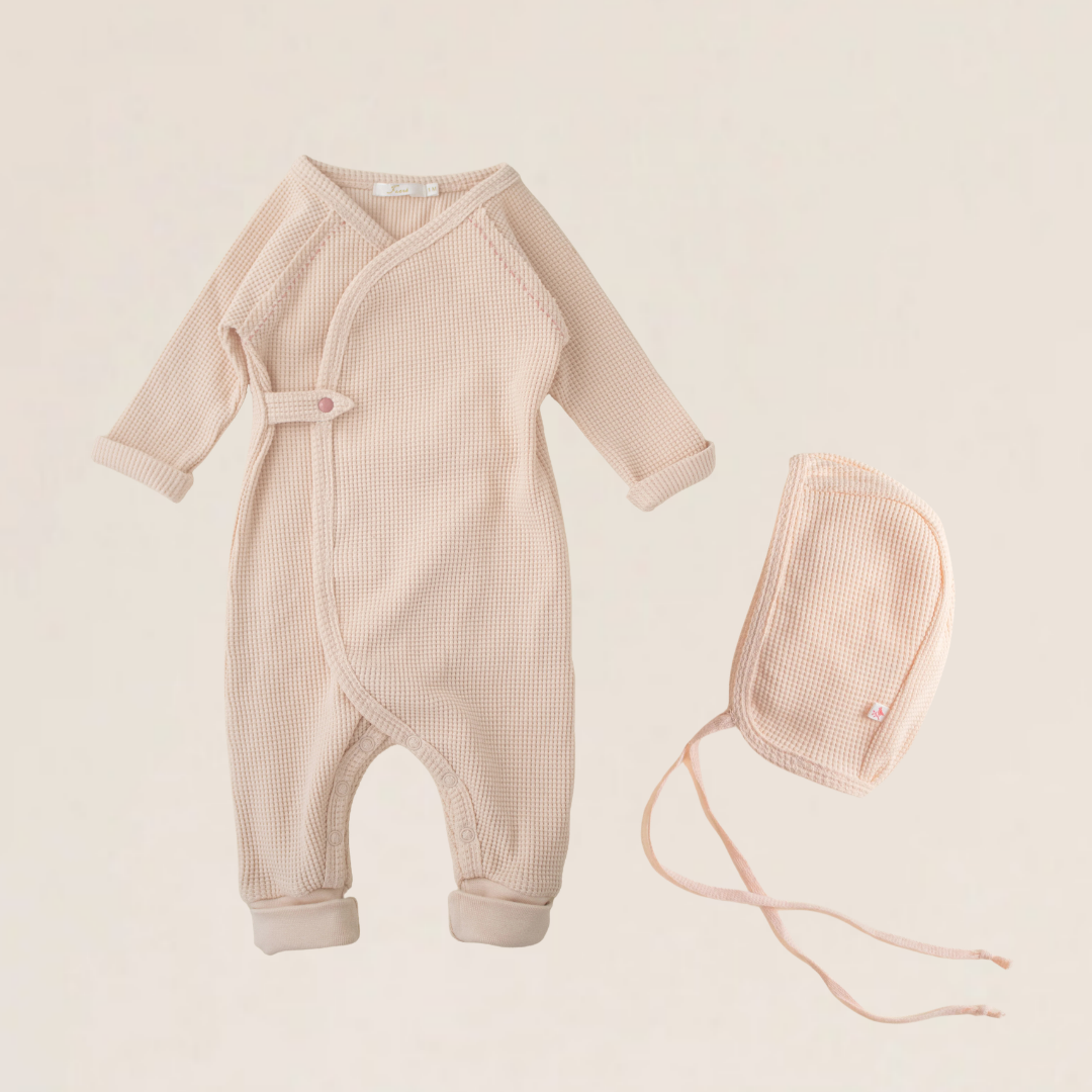Ferne Waffle Hadagi Romper & Bonnet - Ballet/Ecru