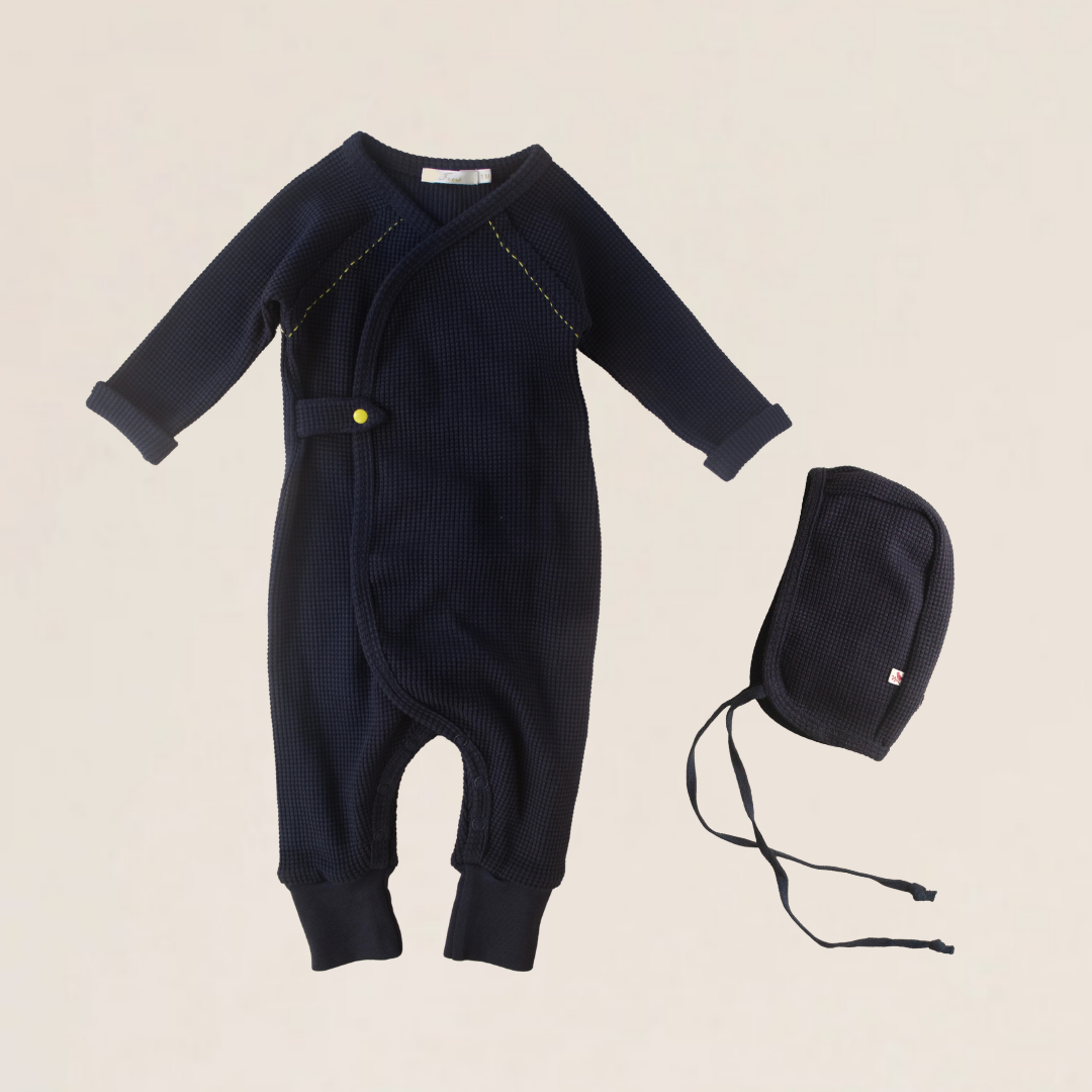 Ferne Waffle Hadagi Romper & Bonnet - Marine/Mustard