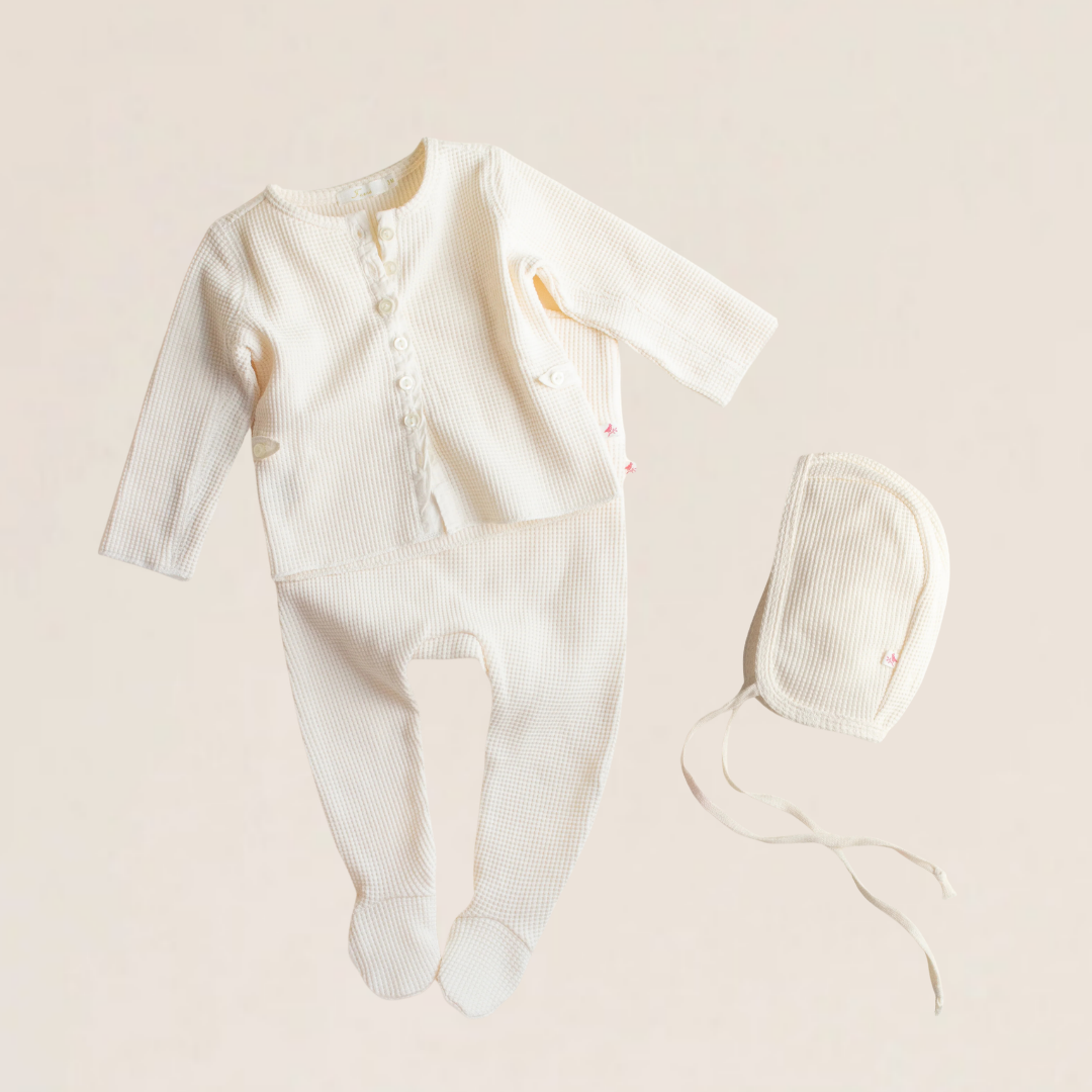 Ferne Waffle Hadagi Footed Cardi Set & Bonnet - Ecru