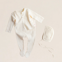 Ferne Waffle Hadagi Footed Cardi Set & Bonnet - Ecru