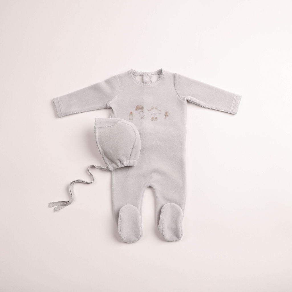 Bee & Dee All Things Baby Velour Footie & Bonnet - Dusty Blue