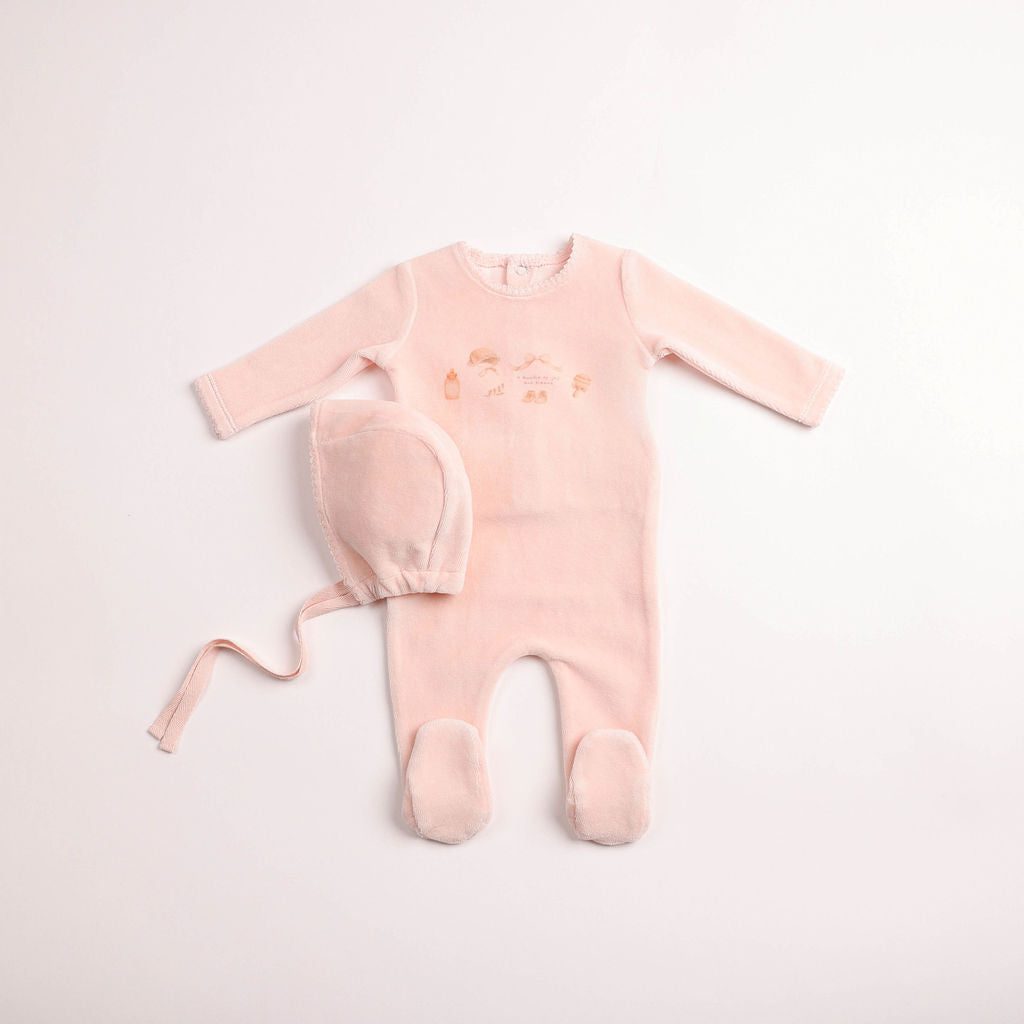 Bee & Dee All Things Baby Velour Footie & Bonnet - Sand Pink