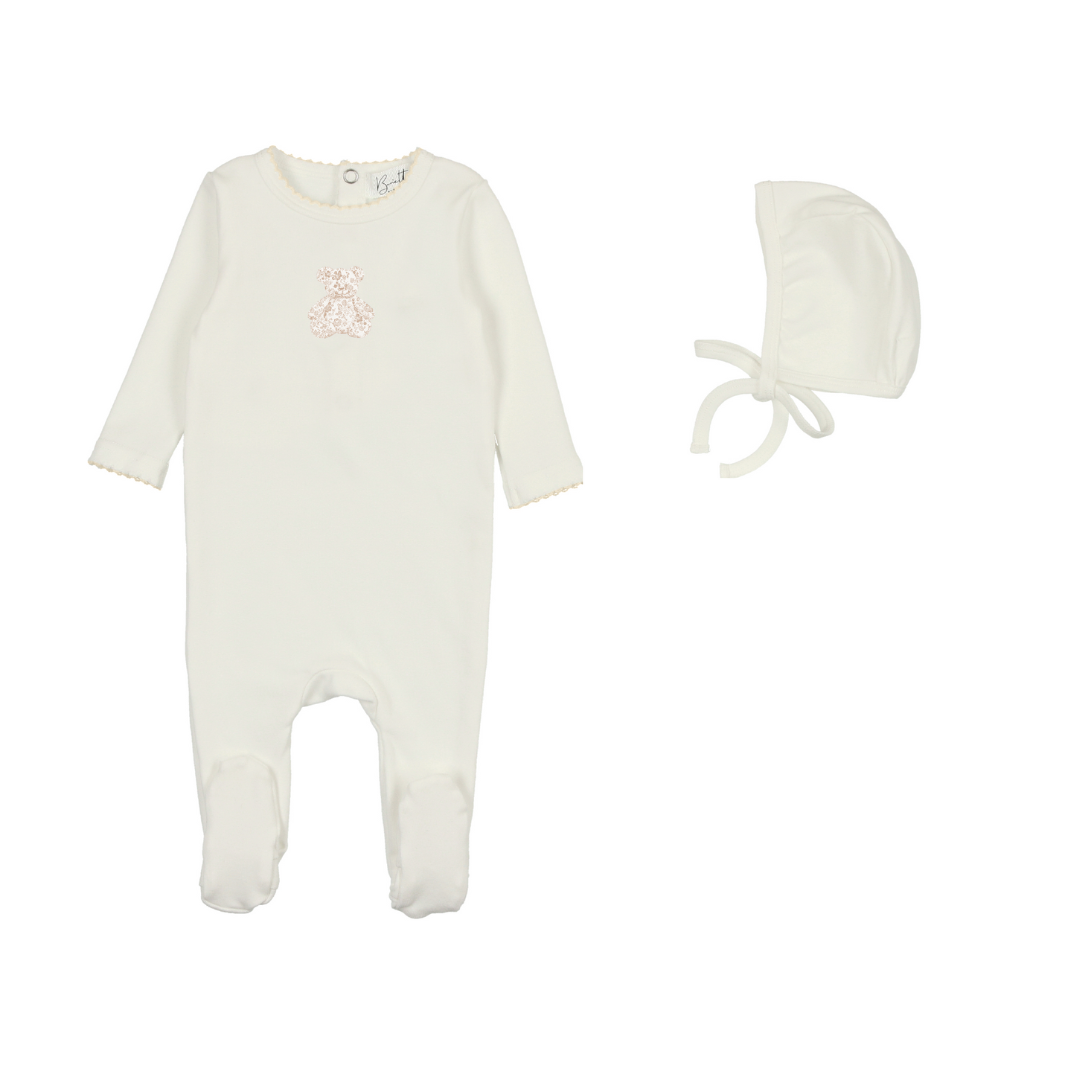 Bopop Teddys Toile Footie & Bonnet-White & Pink