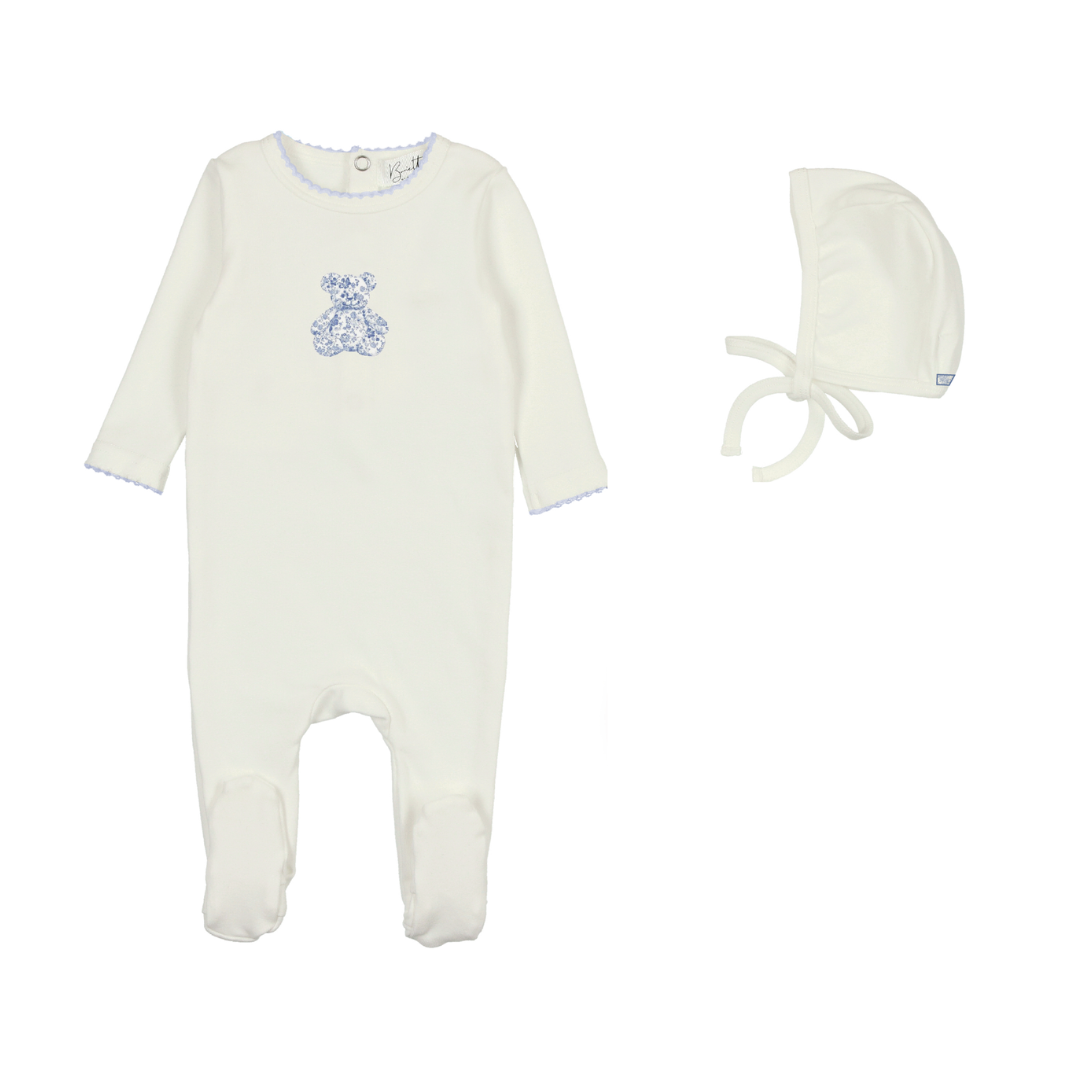 Bopop Teddys Toile Footie & Bonnet- White & Blue