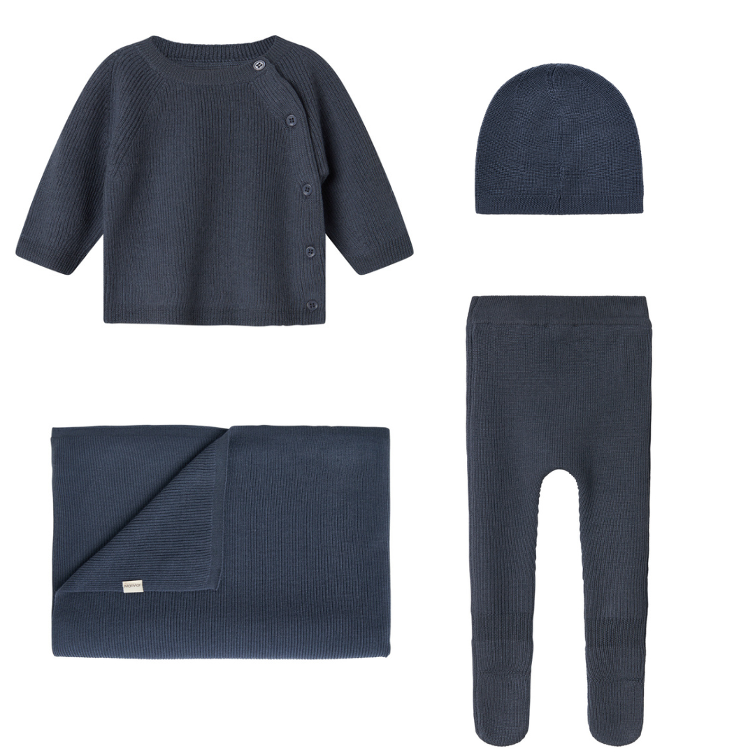 Marmar Merino Wool Top, Pants & Beanie Layette Set- Blue