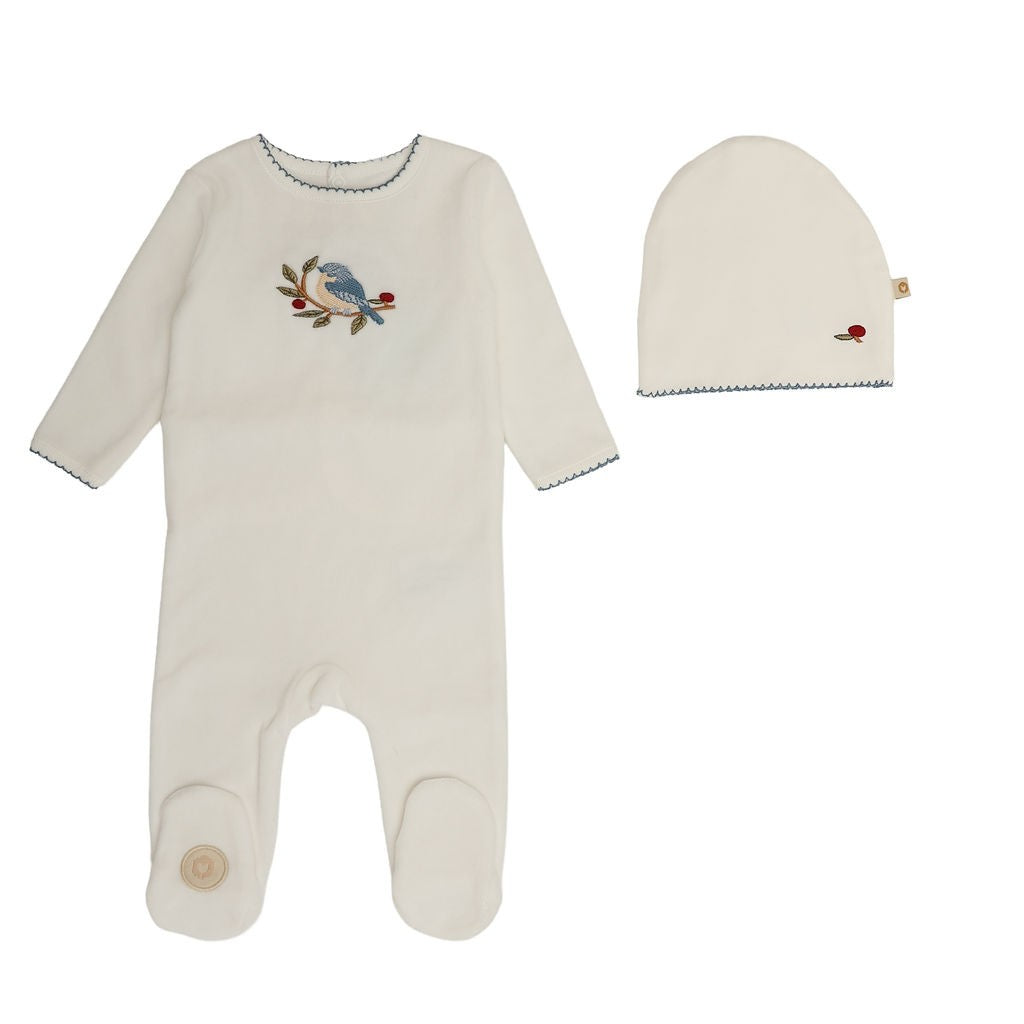 Mon Tresor Bird Branch Footie & Hat - Ivory/Blue