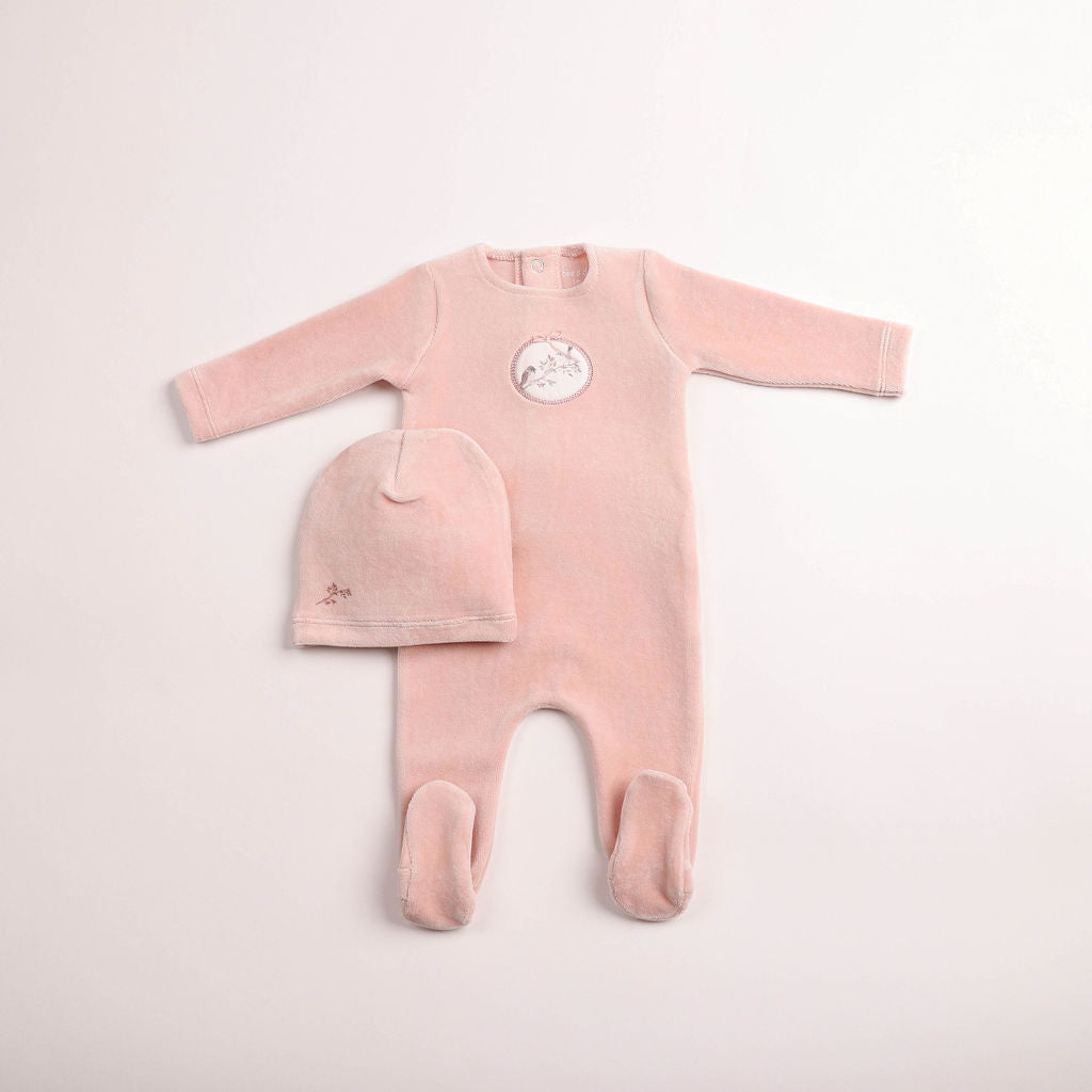 Bee & Dee Birdie Branch Velour Footie & Beanie - Dusty Pink