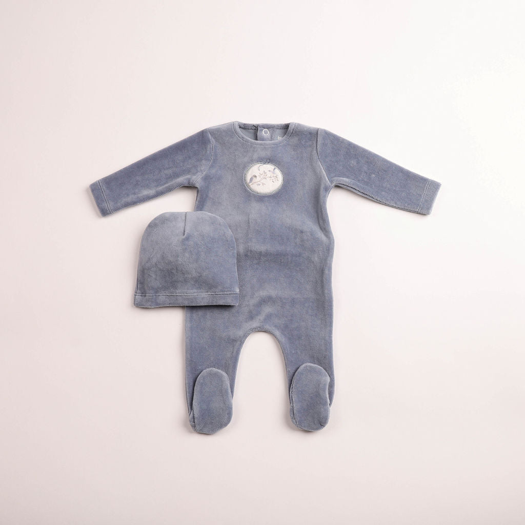 Bee & Dee Birdie Branch Velour Footie & Beanie - Indigo