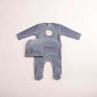 Bee & Dee Birdie Branch Velour Footie & Beanie - Indigo