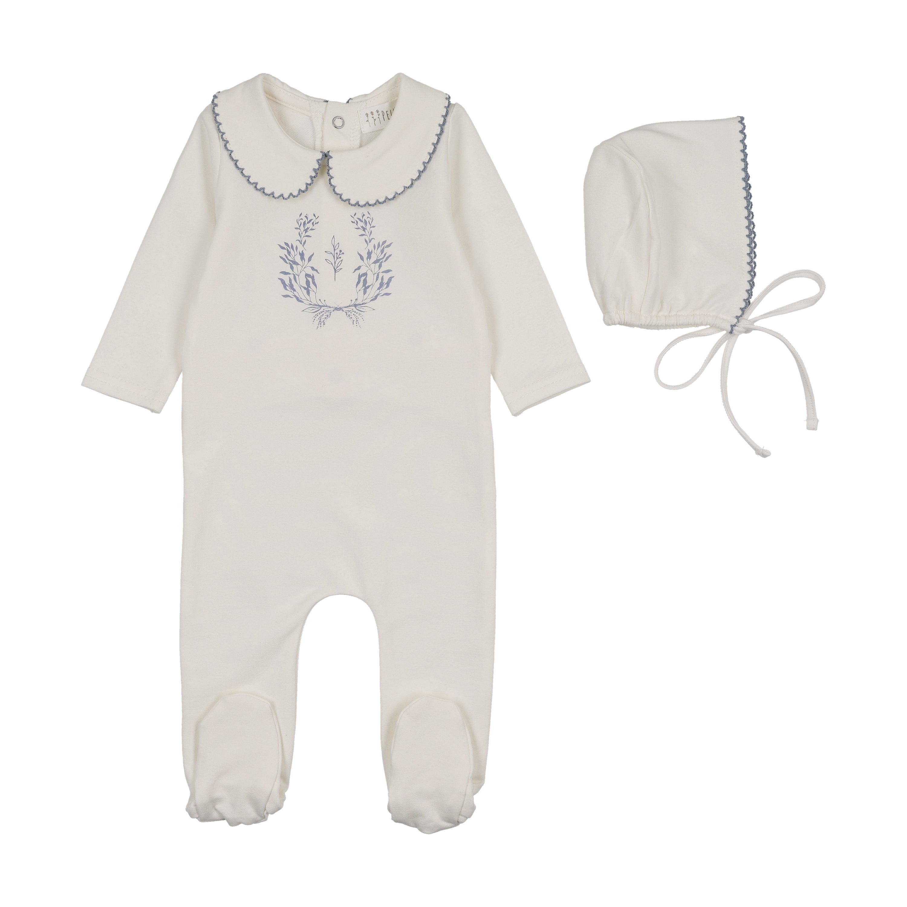 Peluche Collared Botanical Footie & Bonnet - Blue