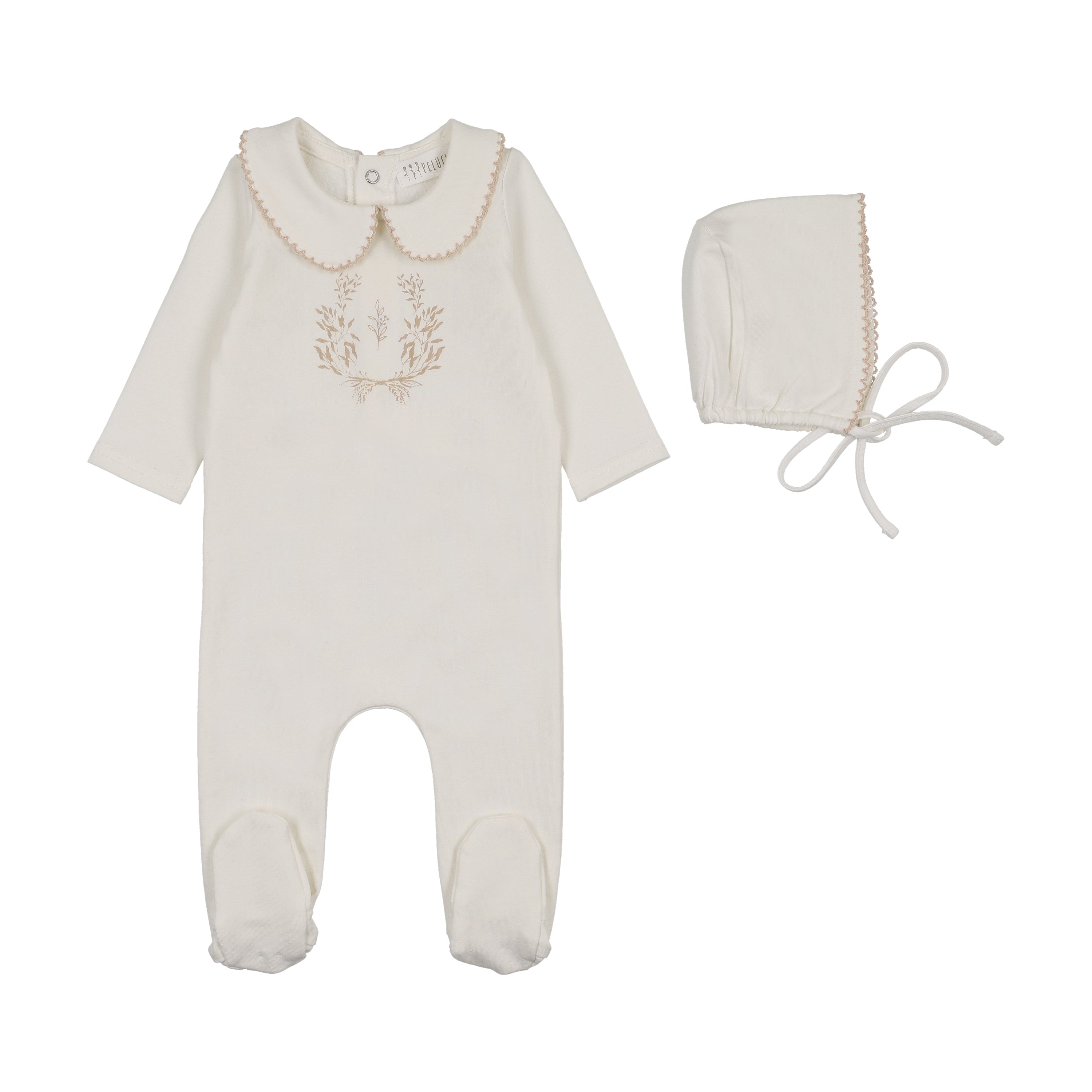 Peluche Collared Botanical Footie & Bonnet - Taupe