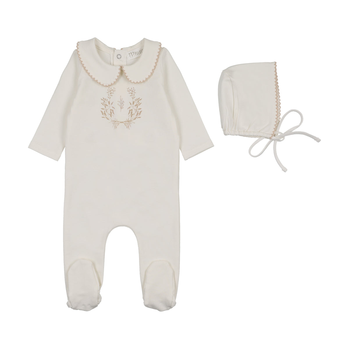 Peluche Collared Botanical Footie & Bonnet - Taupe