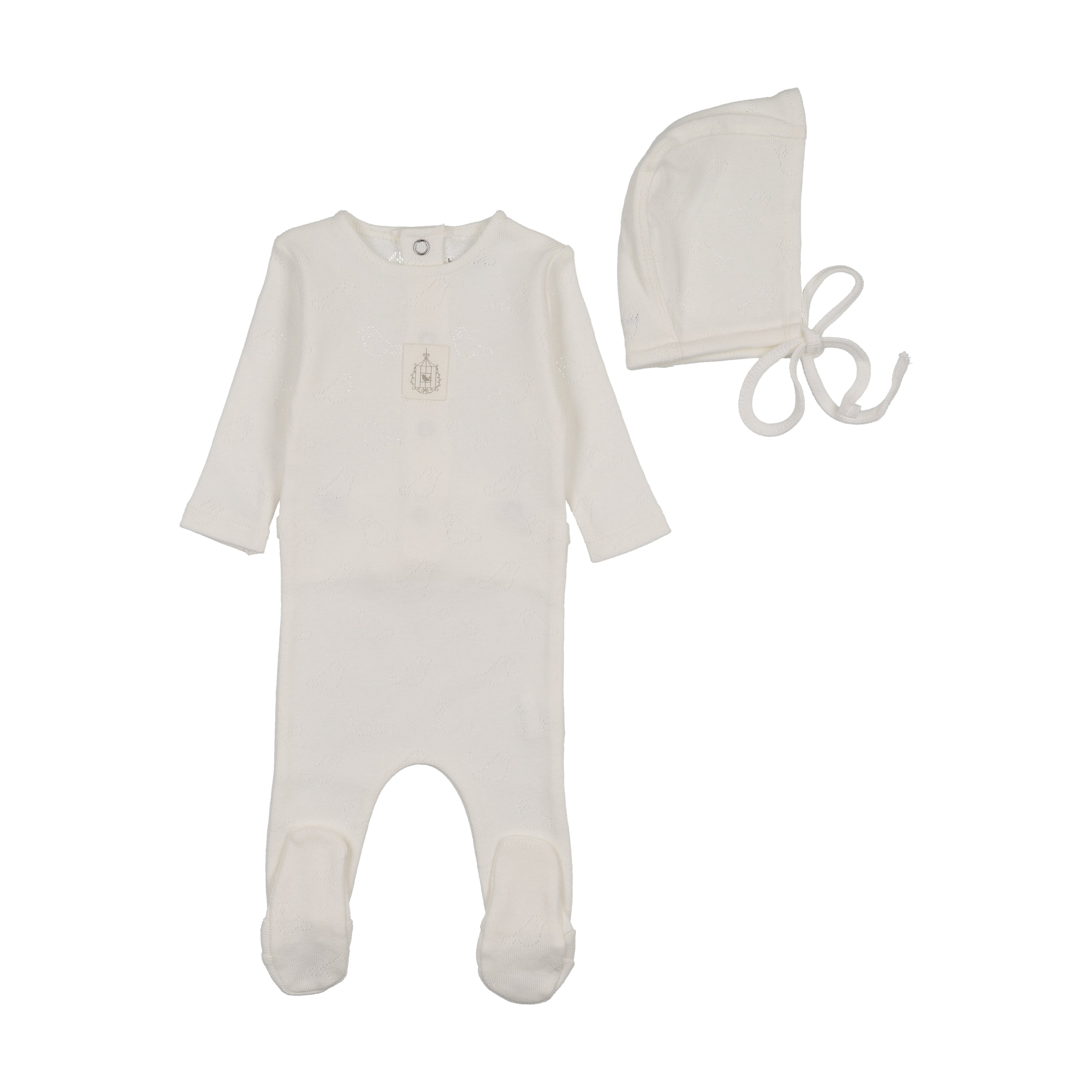 Bee & Dee Bird Pointelle Footie & Bonnet - Chalk White
