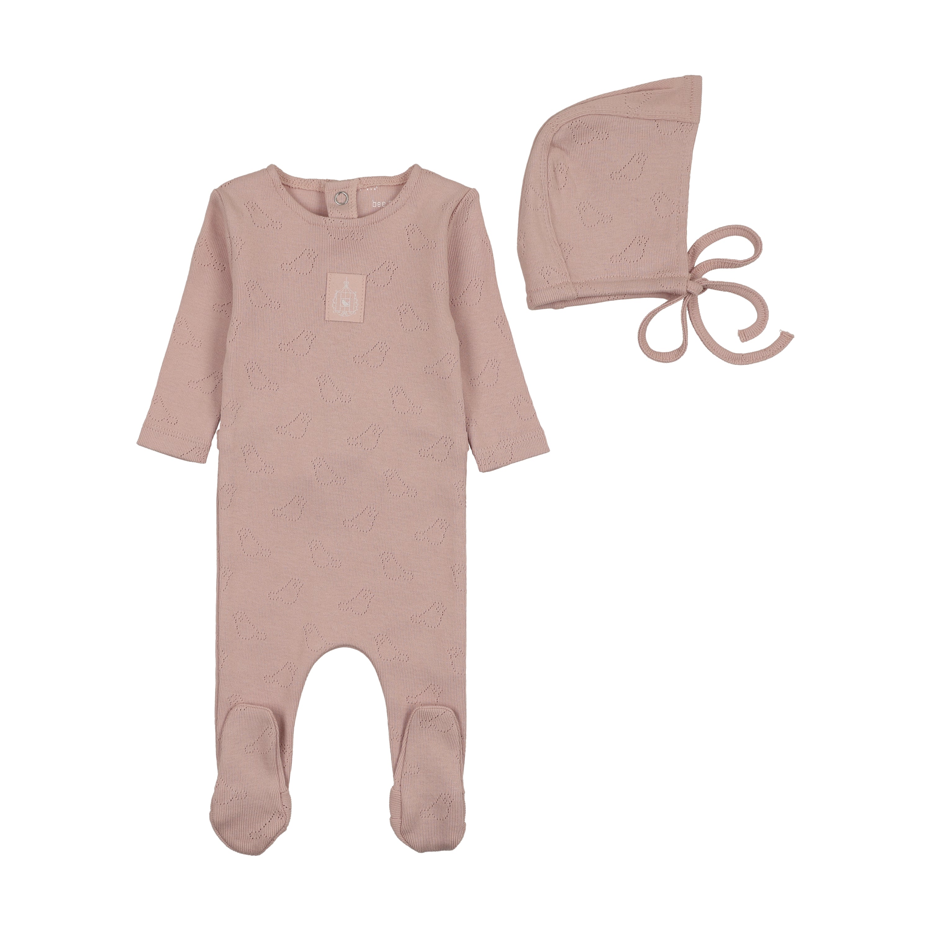 Bee & Dee Bird Pointelle Footie & Bonnet - Muted Pink