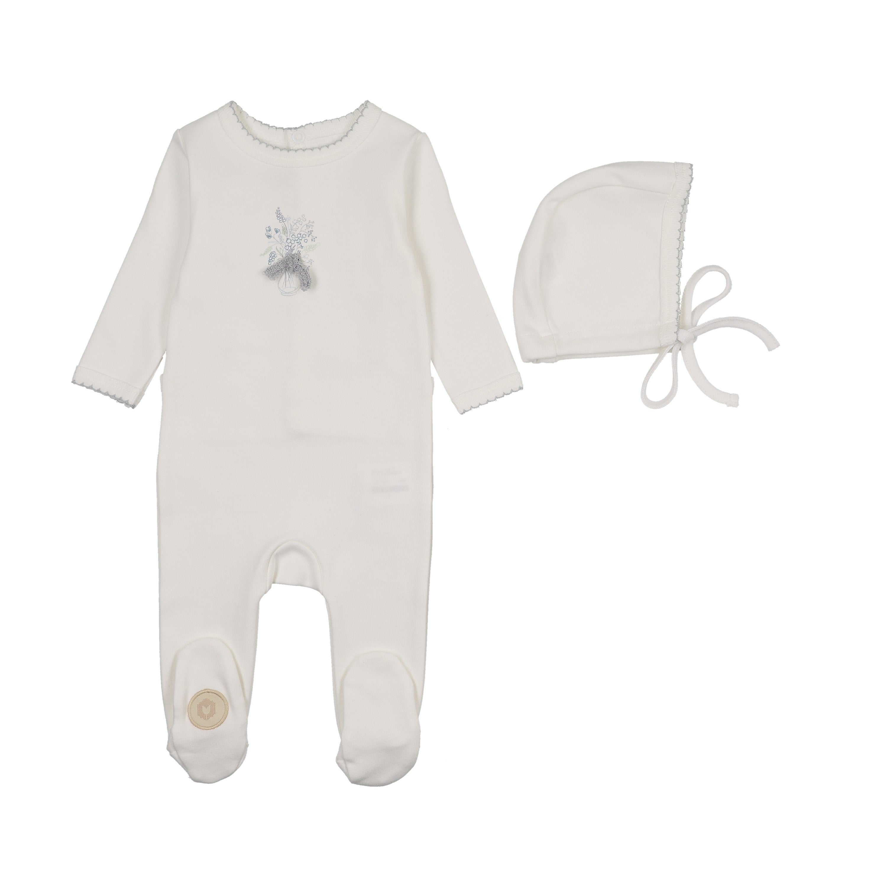 Mon Tresor Bundle of Blossoms Footie & Hat - Ivory/Blue
