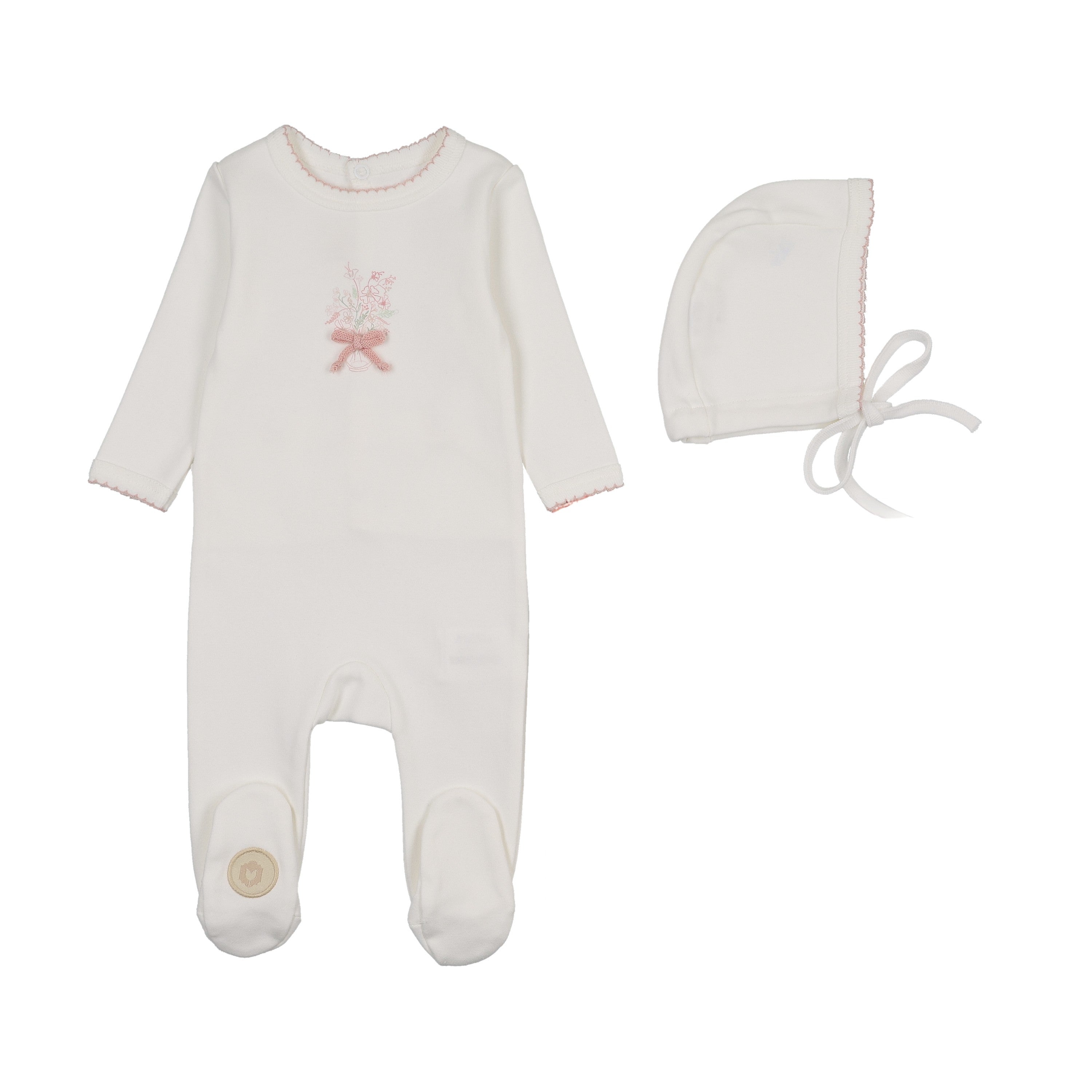 Mon Tresor Bundle of Blossoms Footie & Hat - Ivory/Pink