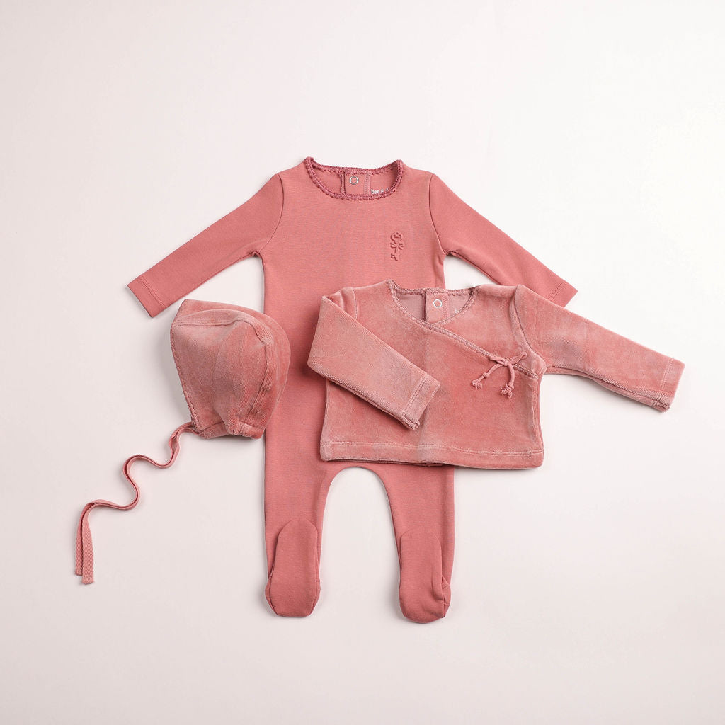 Bee & Dee Classic Stitch Wrap Footie, Hat & Cardigan - Dusty Pink