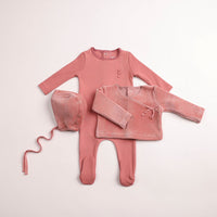 Bee & Dee Classic Stitch Wrap Footie, Hat & Cardigan - Dusty Pink