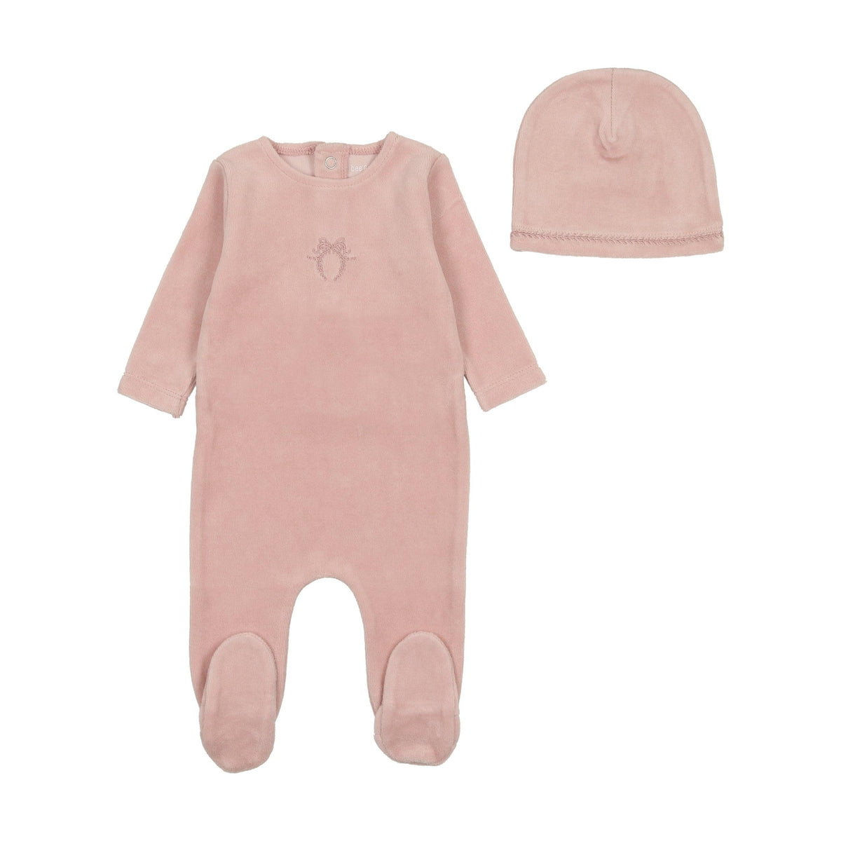 Bee & Dee Classic Velour with Bow Wreath Footie with Beanie - Pink Smoke Bee & Dee Classic Velour with Bow Wreath Footie with Beanie - Pink Smoke