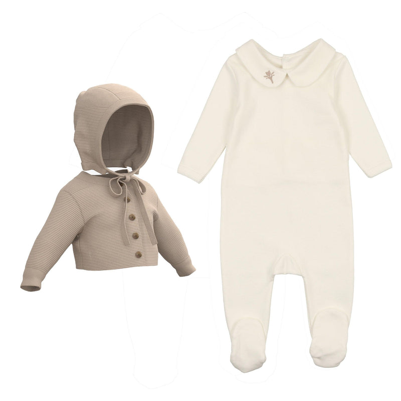 Mon Tresor Classy Collar Cardigan, Footie, & Bonnet Set SS24+