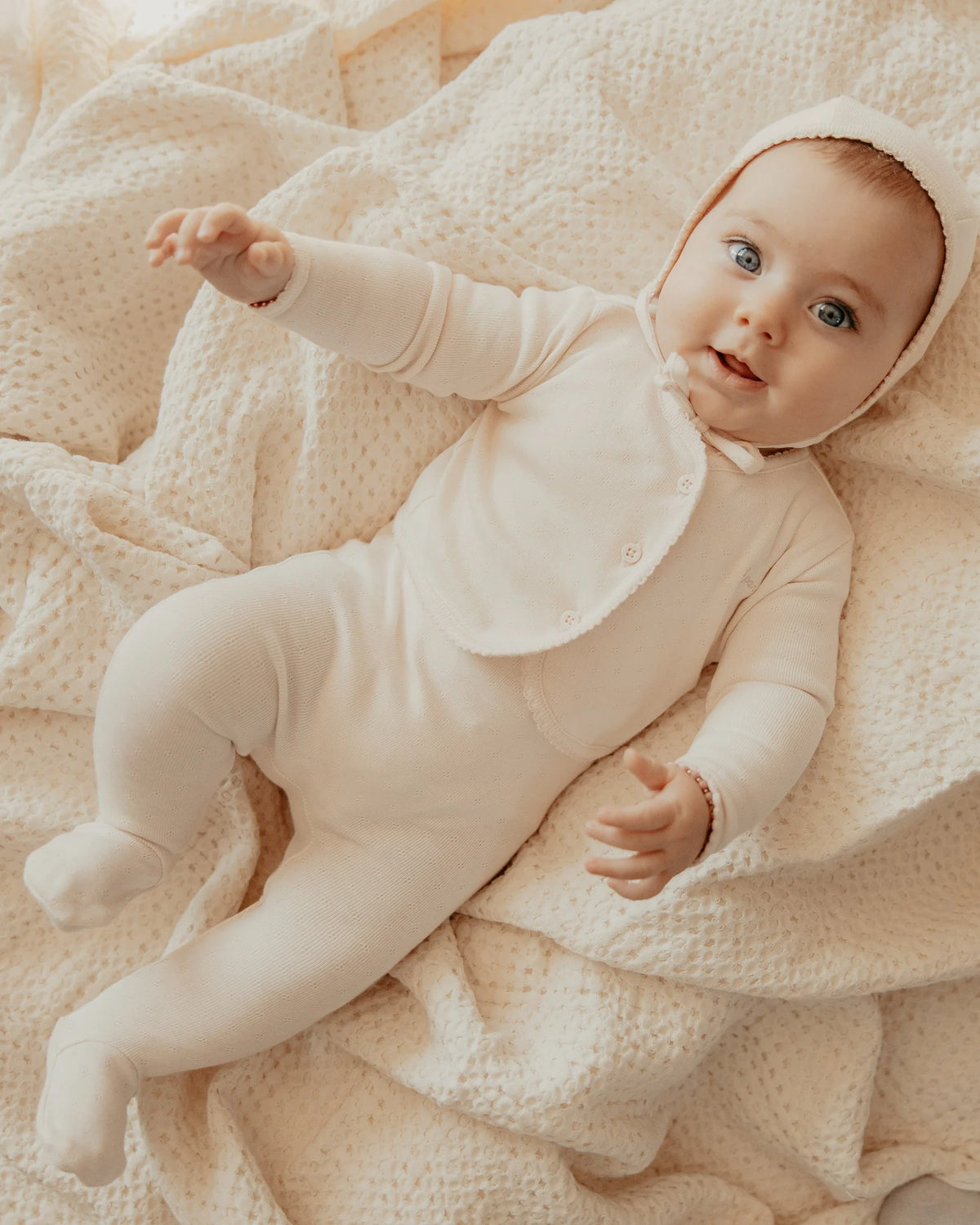 Little Parni Pointelle Cardigan, Footie & Bonnet - Milk White