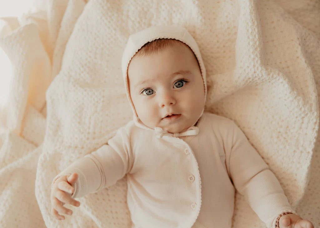 Little Parni Pointelle Cardigan, Footie & Bonnet - Pink