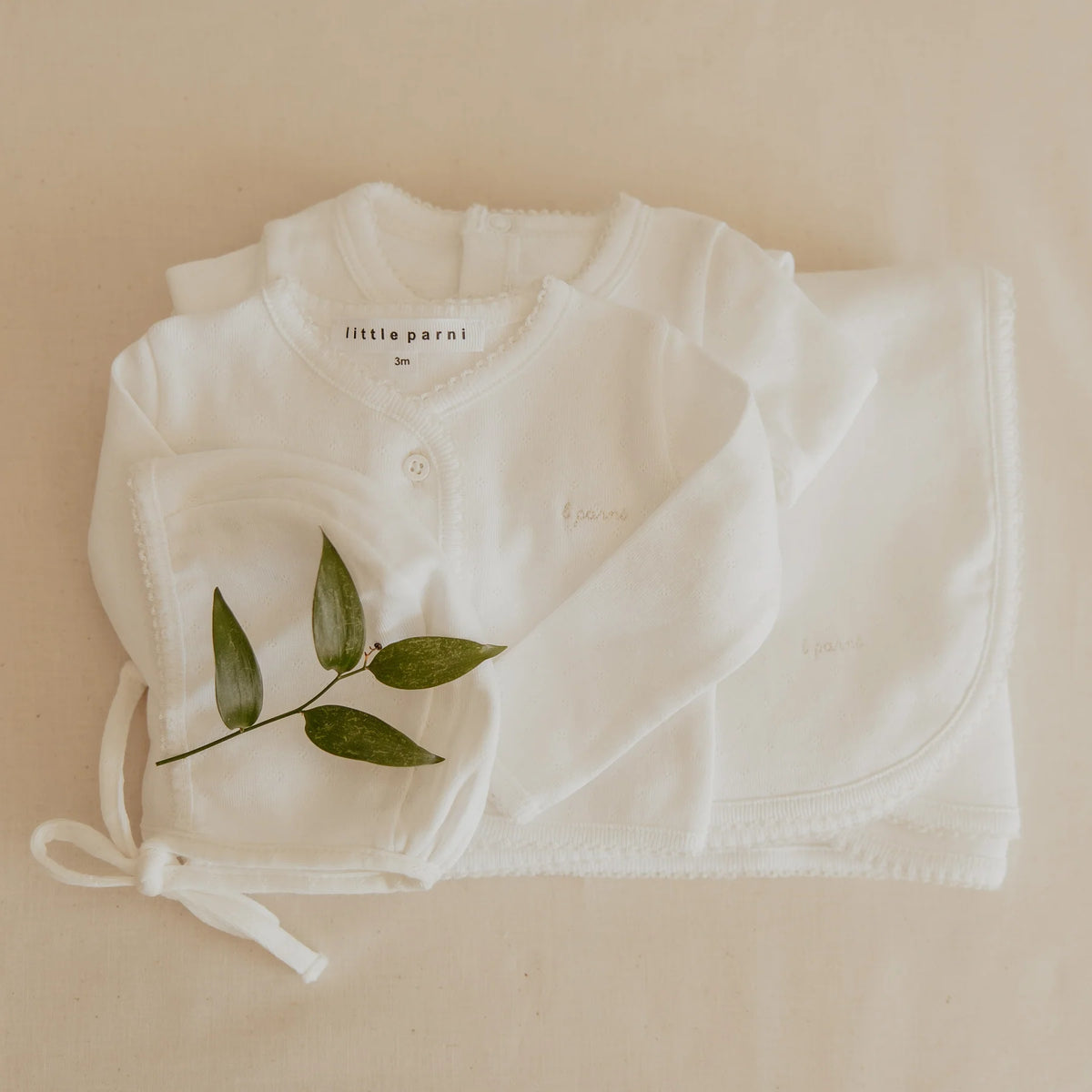 Little Parni Pointelle Cardigan, Footie & Bonnet - Milk White