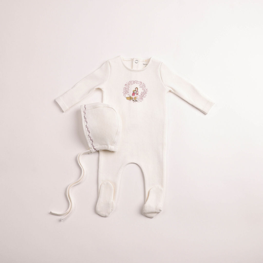 Bee & Dee Cradle Scene Footie & Bonnet - Chalk White Girls