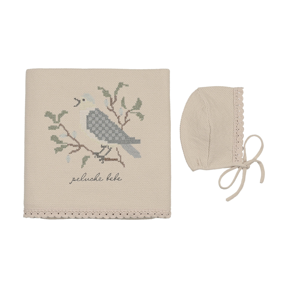 Peluche Knit Cross Stitch Blanket & Bonnet - Stone/Blue