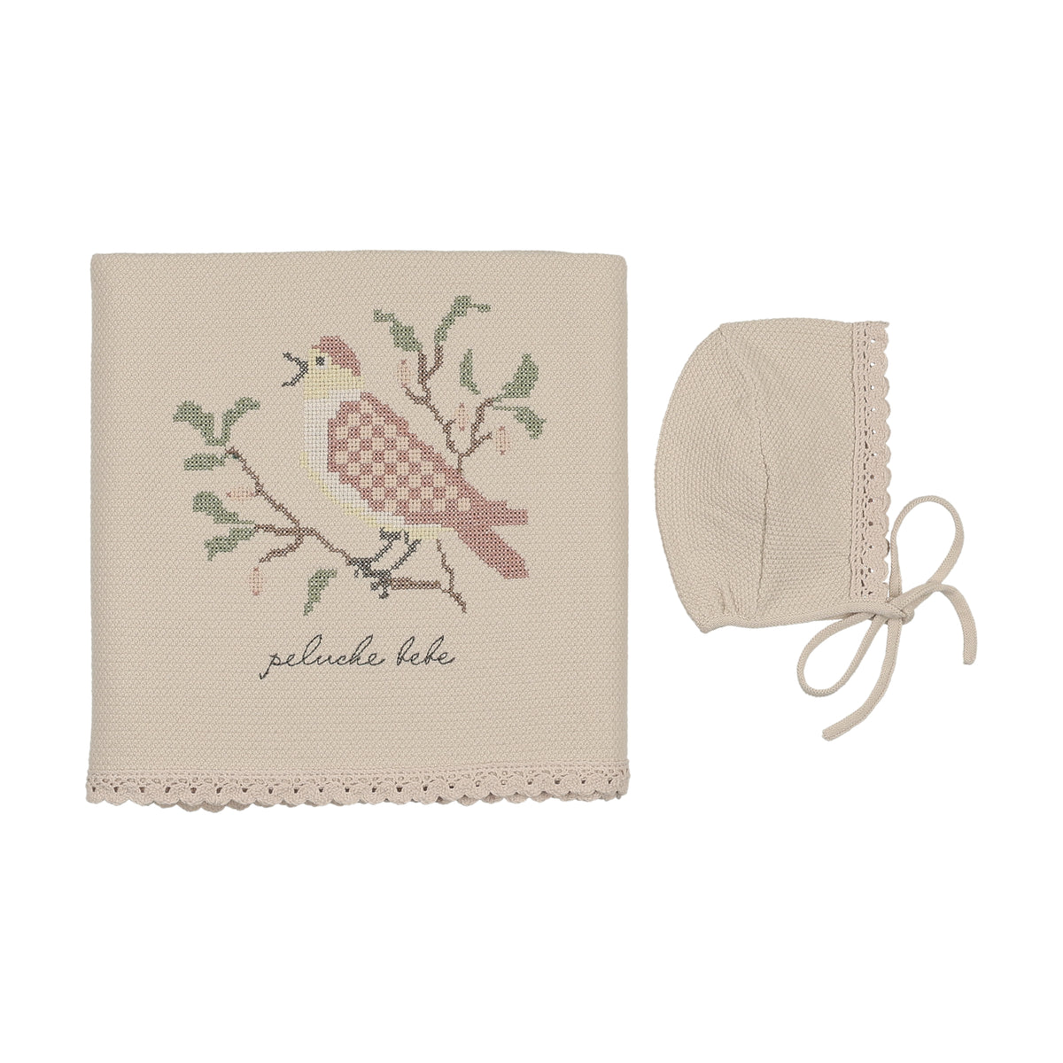 Peluche Knit Cross Stitch Blanket & Bonnet - Stone/Rose