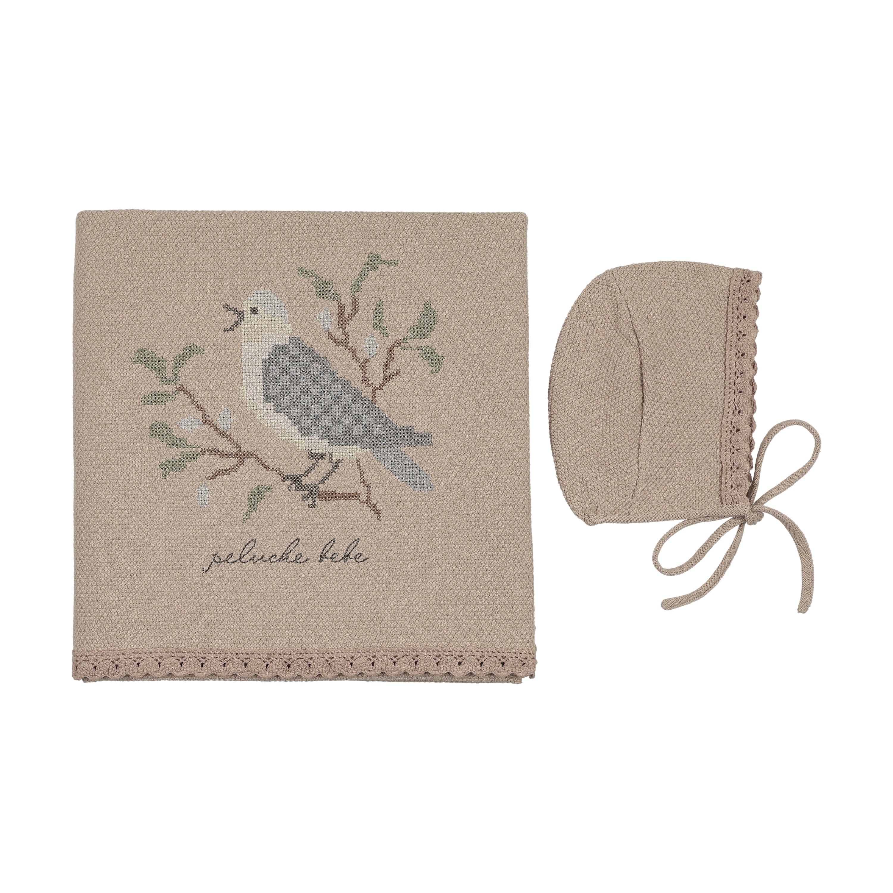Peluche Knit Cross Stitch Blanket & Bonnet - Taupe
