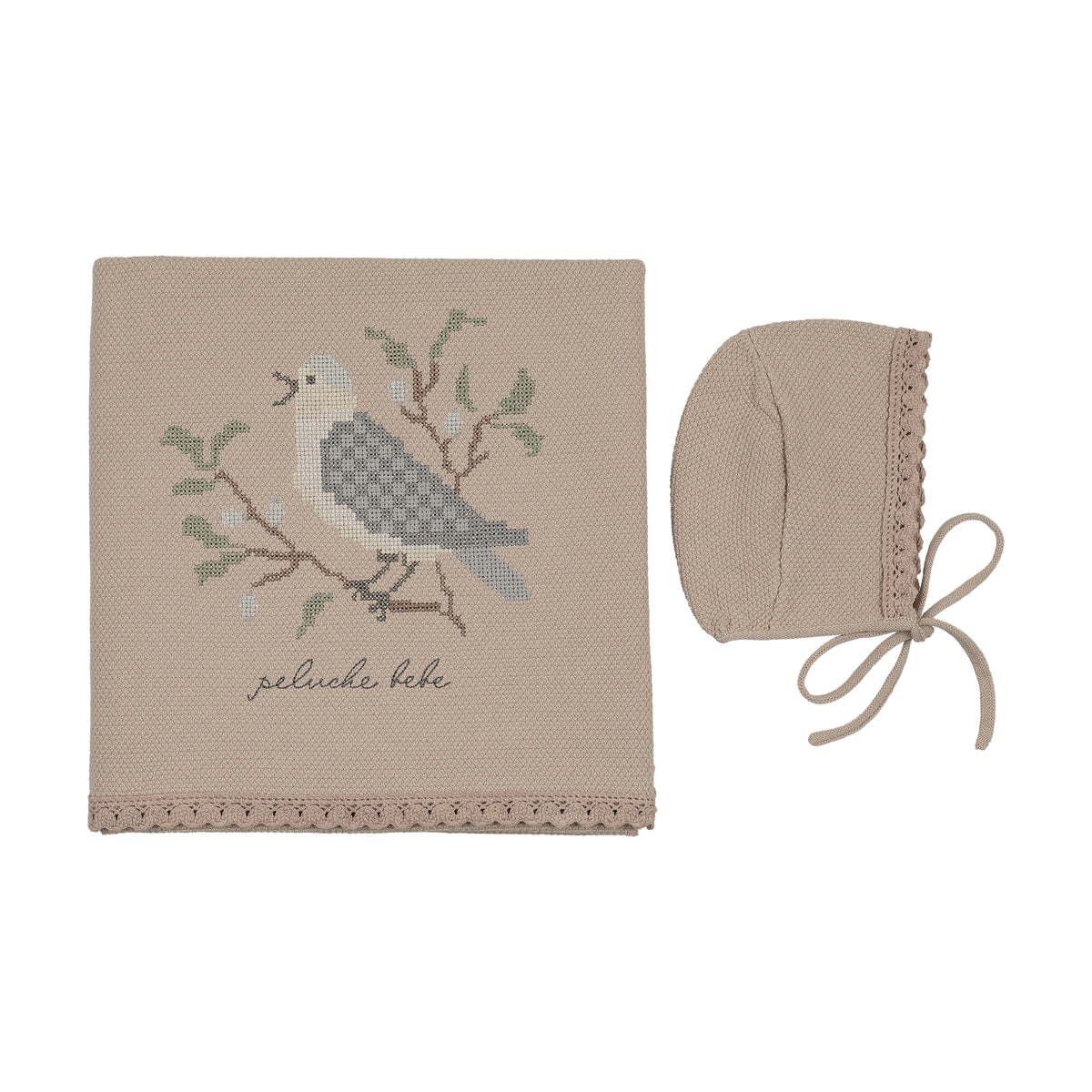 Peluche Knit Cross Stitch Blanket & Bonnet - Taupe