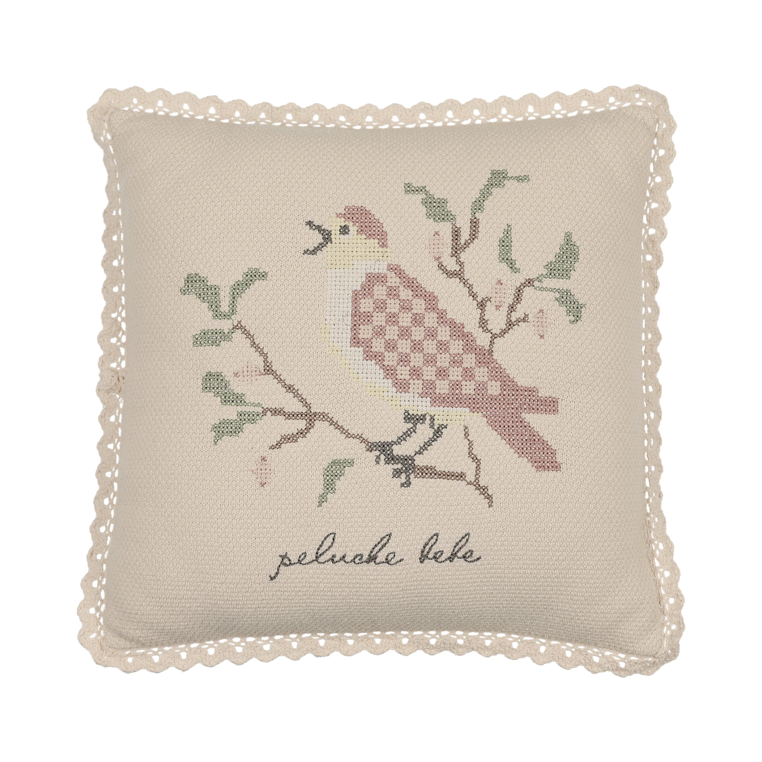 Peluche Knit Cross Stitch Pillow - Stone/Rose
