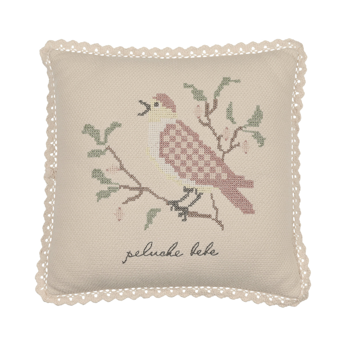 Peluche Knit Cross Stitch Pillow - Stone/Rose